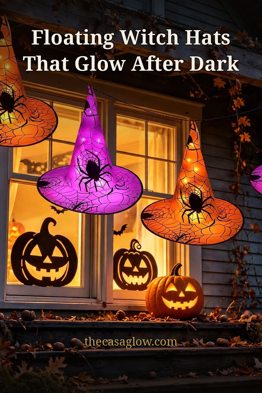 Floating witch hats that glow after dark — Halloween porch decor idea