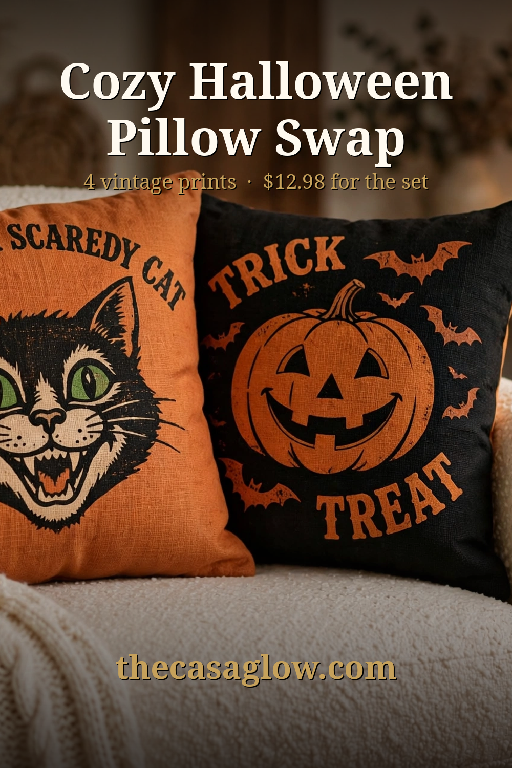 Cozy Halloween pillow swap — four vintage prints styled on a sofa