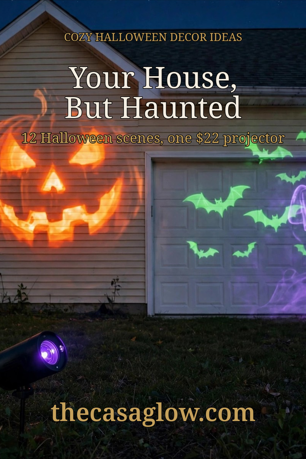 Aurelema 12-in-1 Halloween projector light throwing a glowing jack-o'-lantern, bats and ghost across a house facade at night