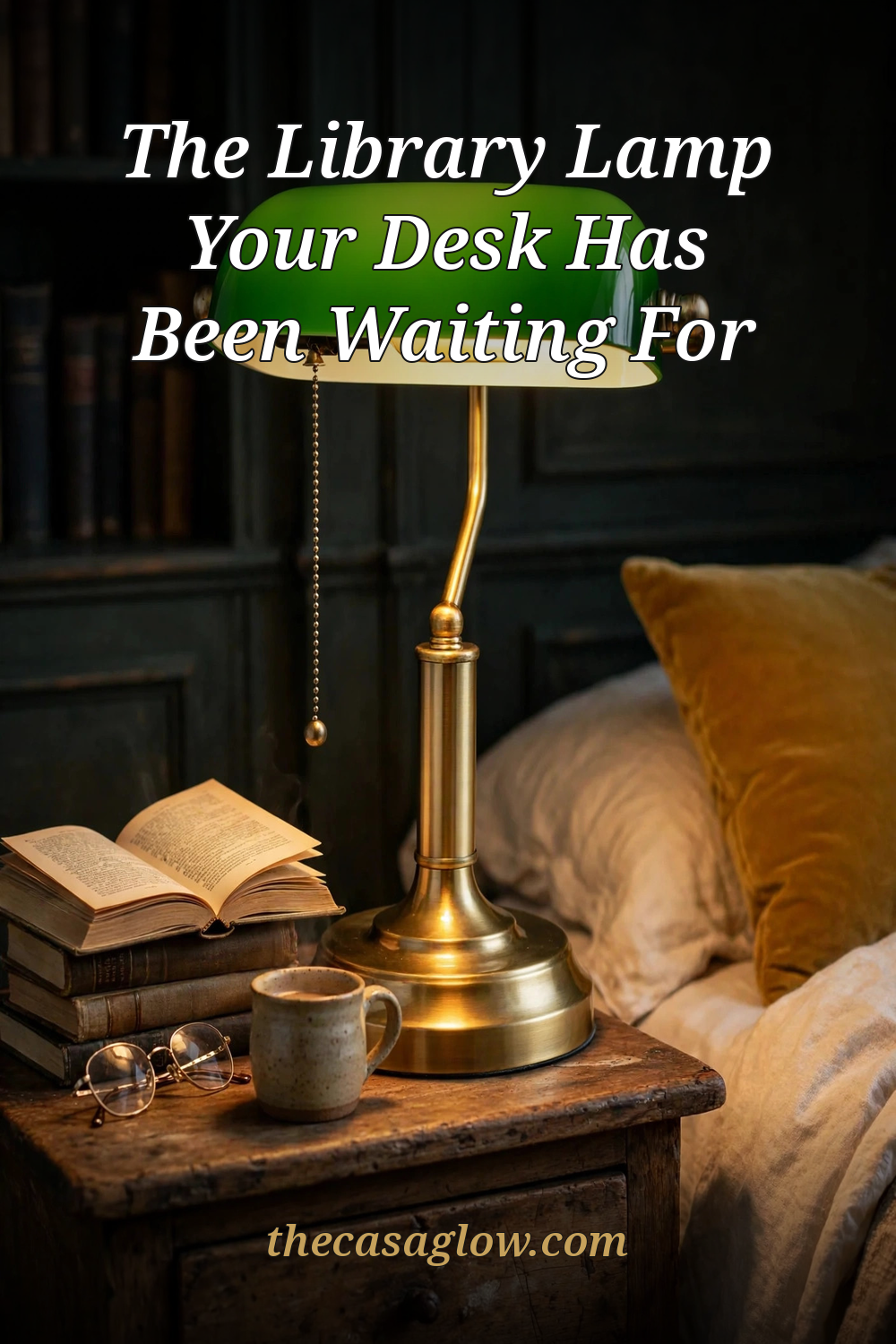 Vintage green glass banker's lamp with brass base on a styled desk — the library lamp your desk has been waiting for