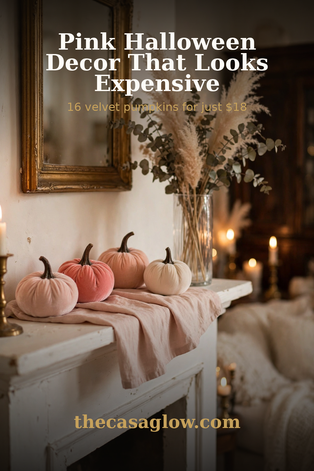 Pinterest pin: pink Halloween decor that looks expensive — 16 velvet pumpkins for just $18
