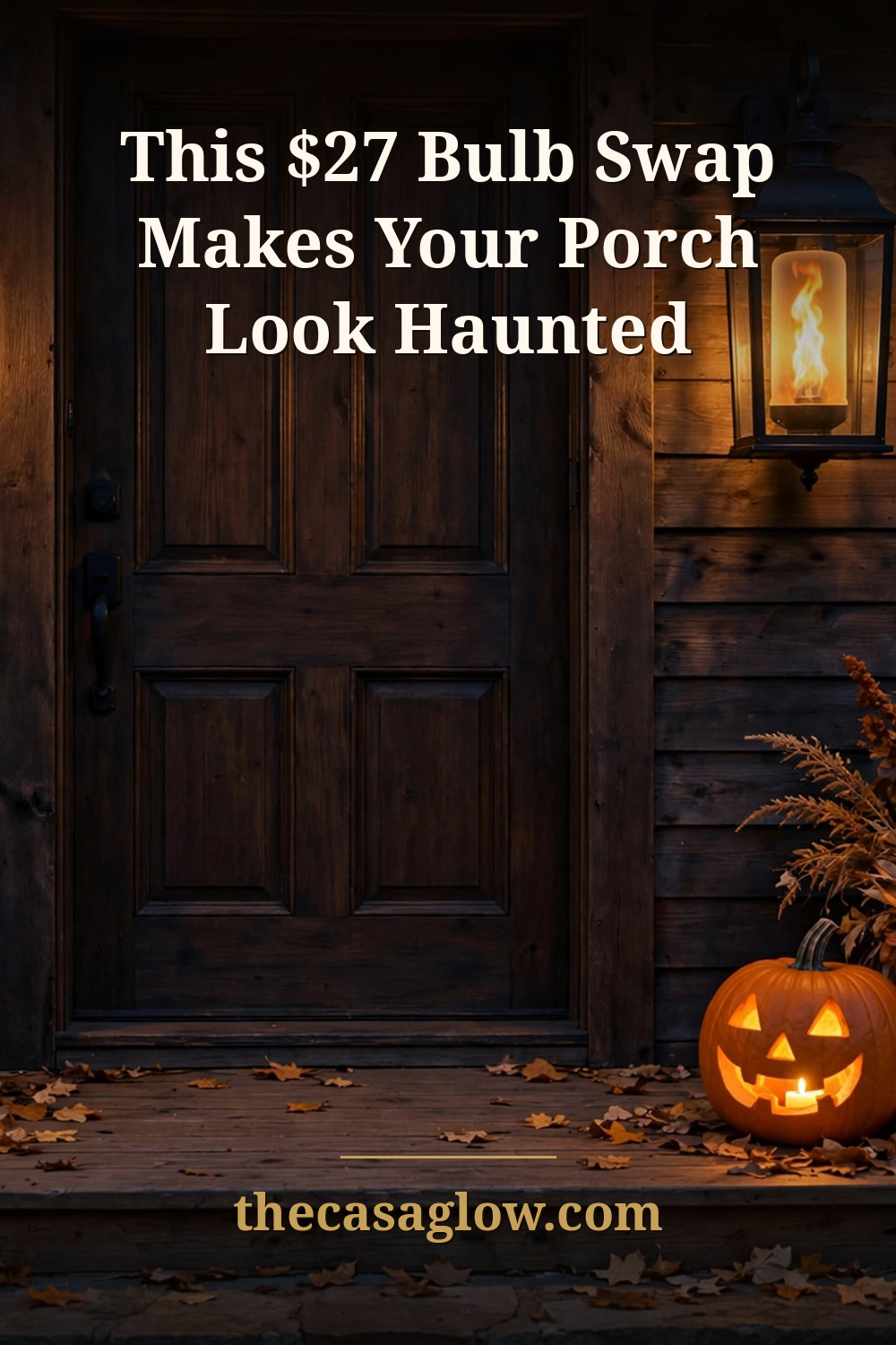 Halloween porch with flickering flame bulbs in wall lanterns - pin