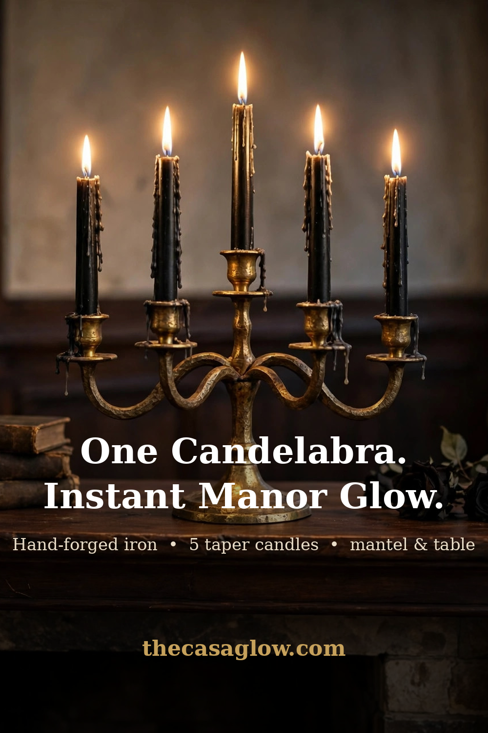 One candelabra, instant manor glow — iron candelabra mantel styling