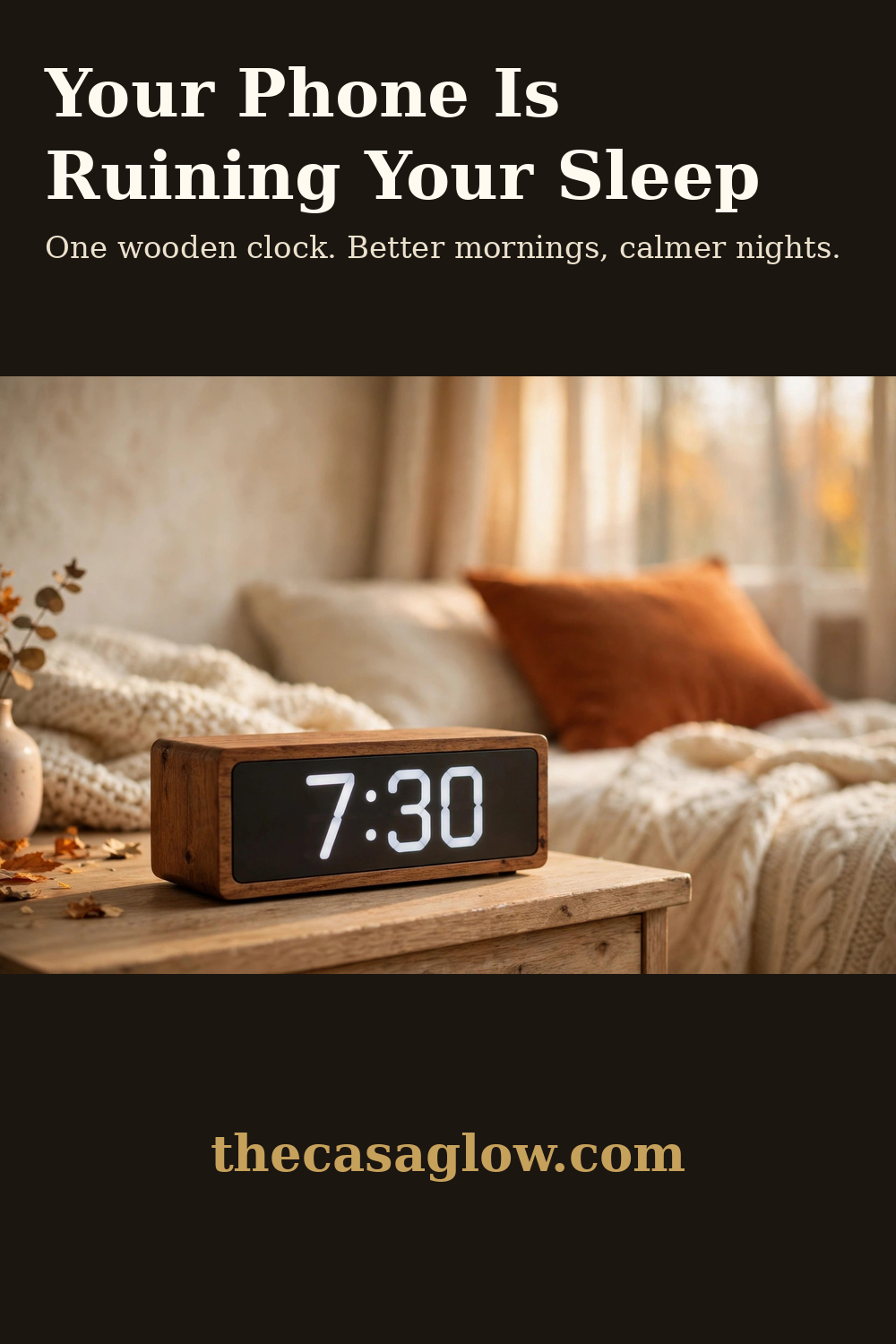 DreamSky wooden digital alarm clock showing 7:30 on a cozy fall bedroom nightstand