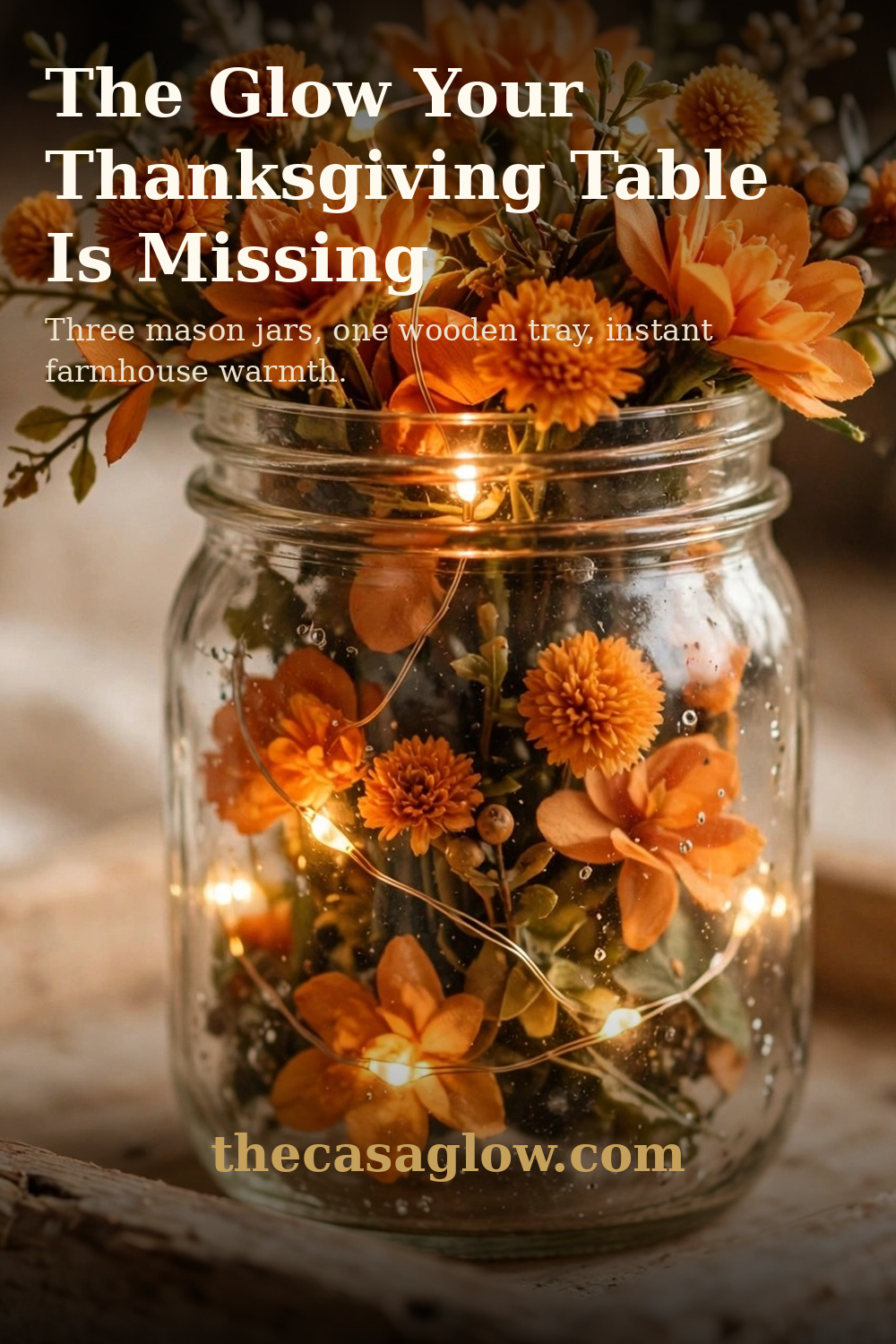 DUOER mason jar centerpiece close-up with fairy lights and orange flowers