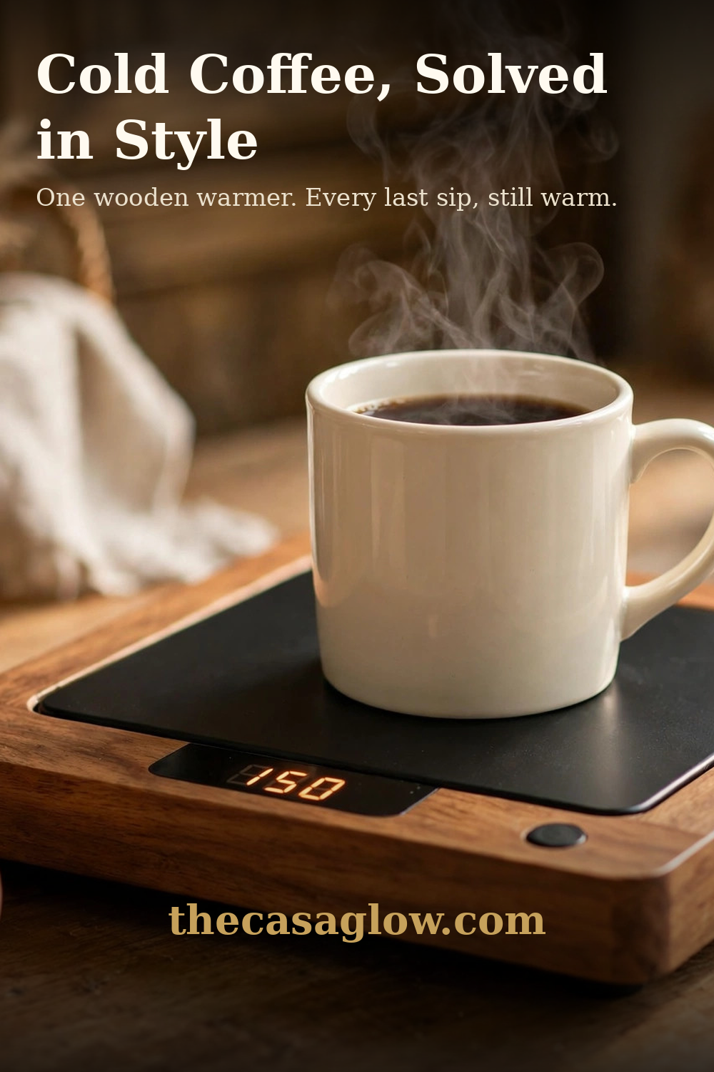 Cold coffee solved in style — House Gem wooden mug warmer with a steaming mug