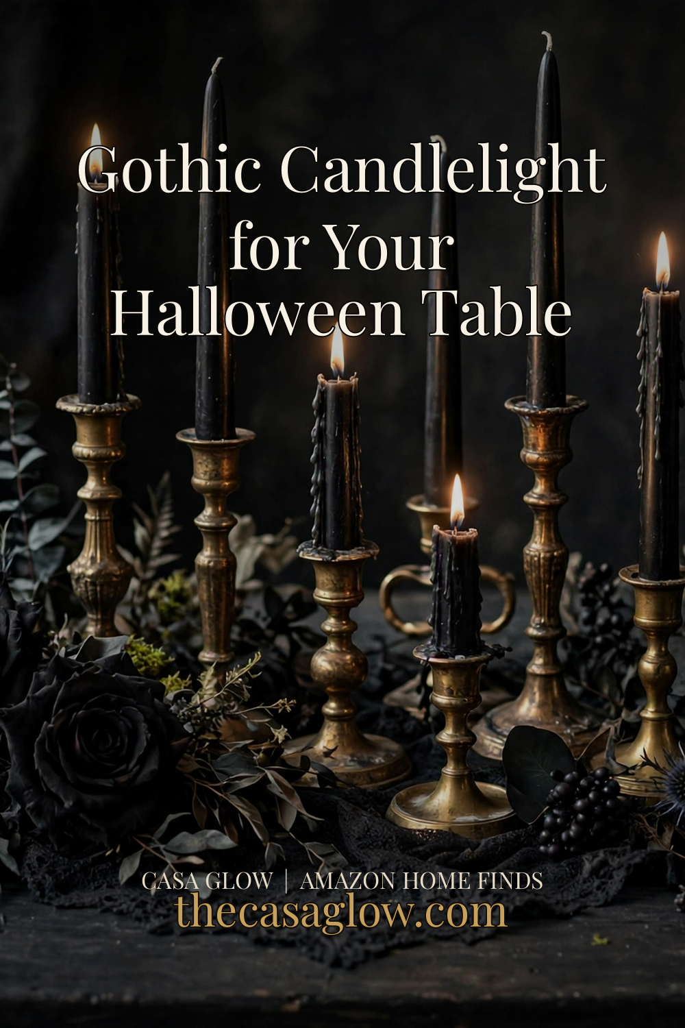 Pinterest pin: Black taper candles — the $15 gothic Halloween table upgrade