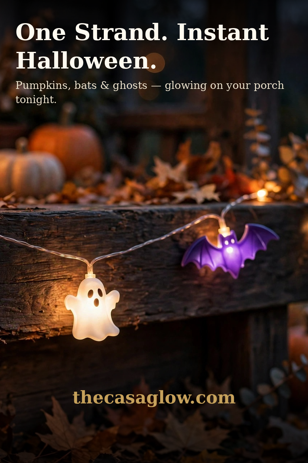 One strand, instant Halloween — Zimati pumpkin bat ghost string lights on a porch