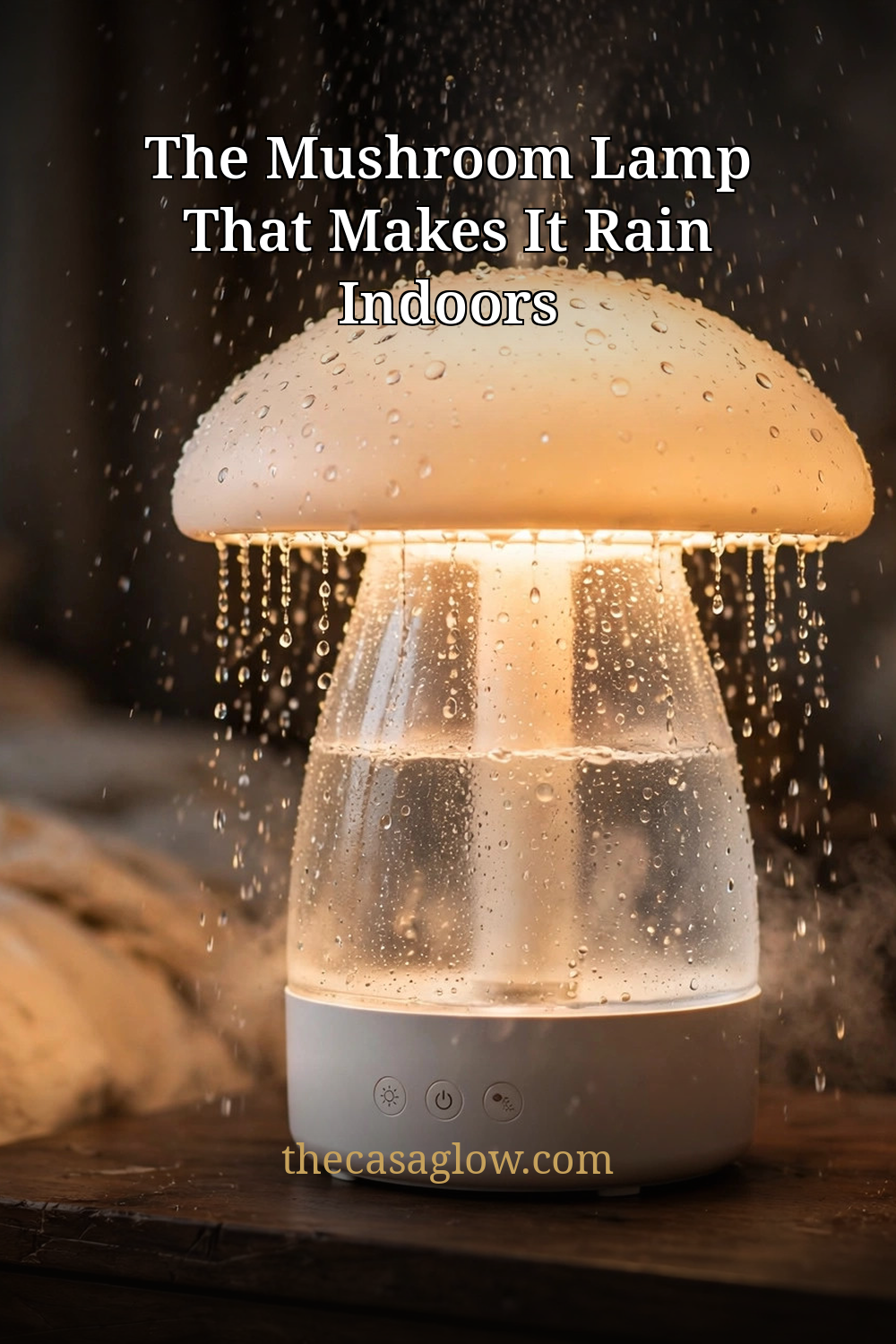 Glowing mushroom rain cloud humidifier with falling water droplets on a nightstand — thecasaglow.com