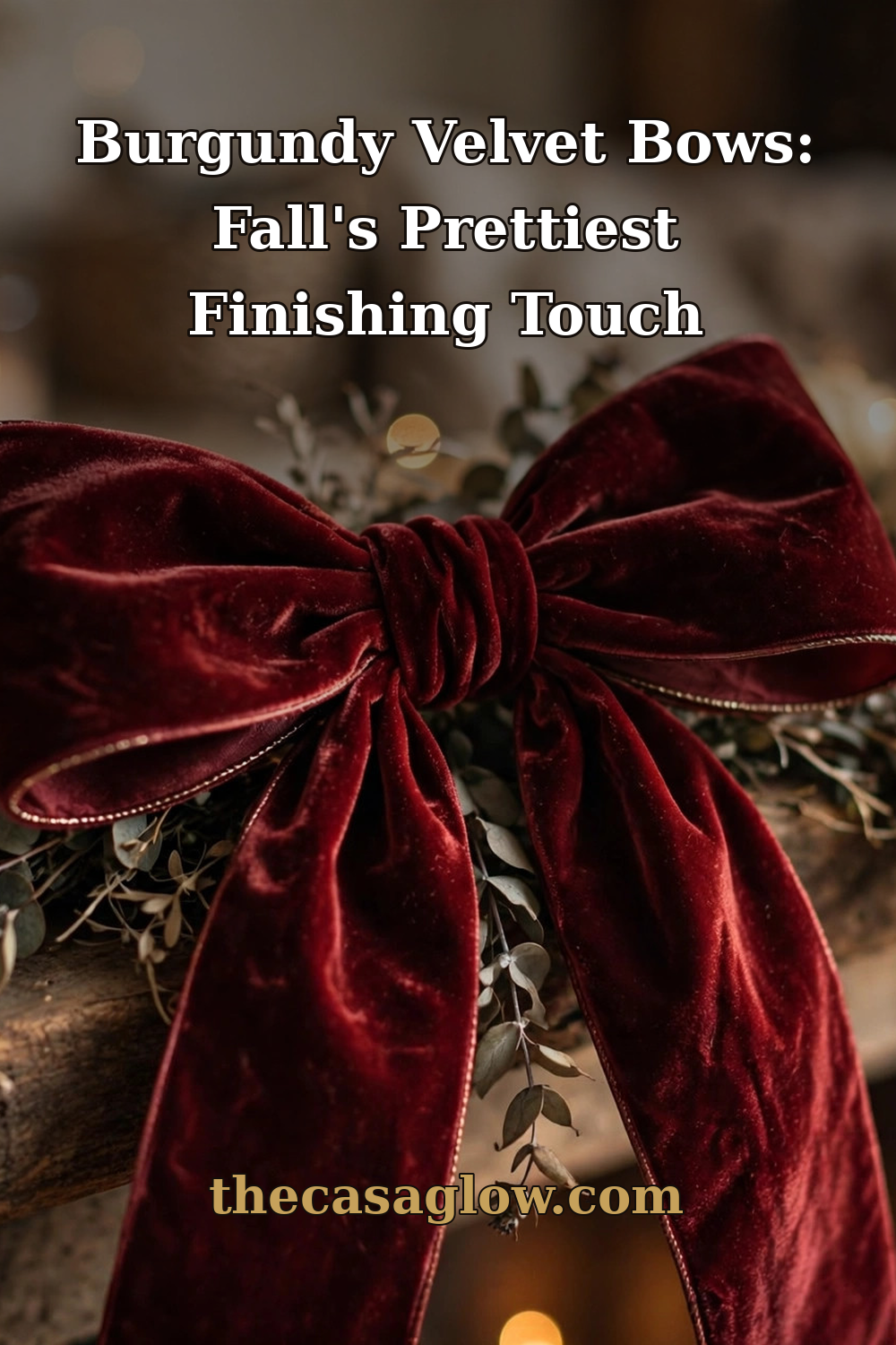 Close-up of a burgundy velvet bow on fall greenery with warm lights