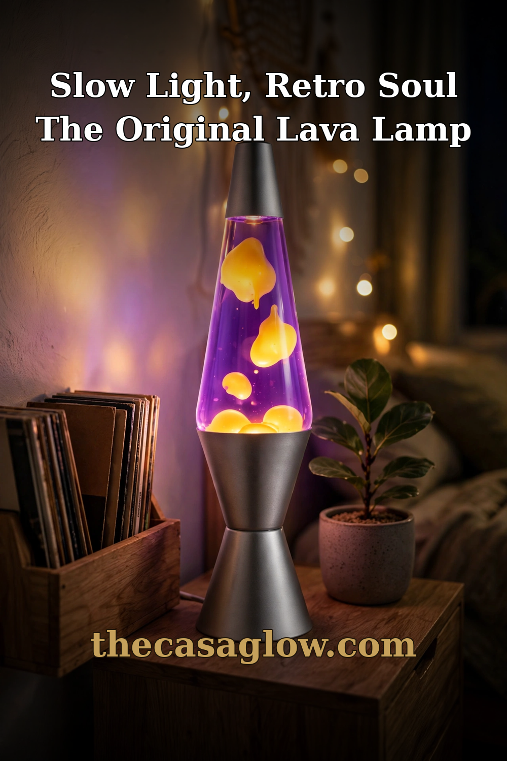 Lava lamp glowing at night on a nightstand — slow light, retro soul