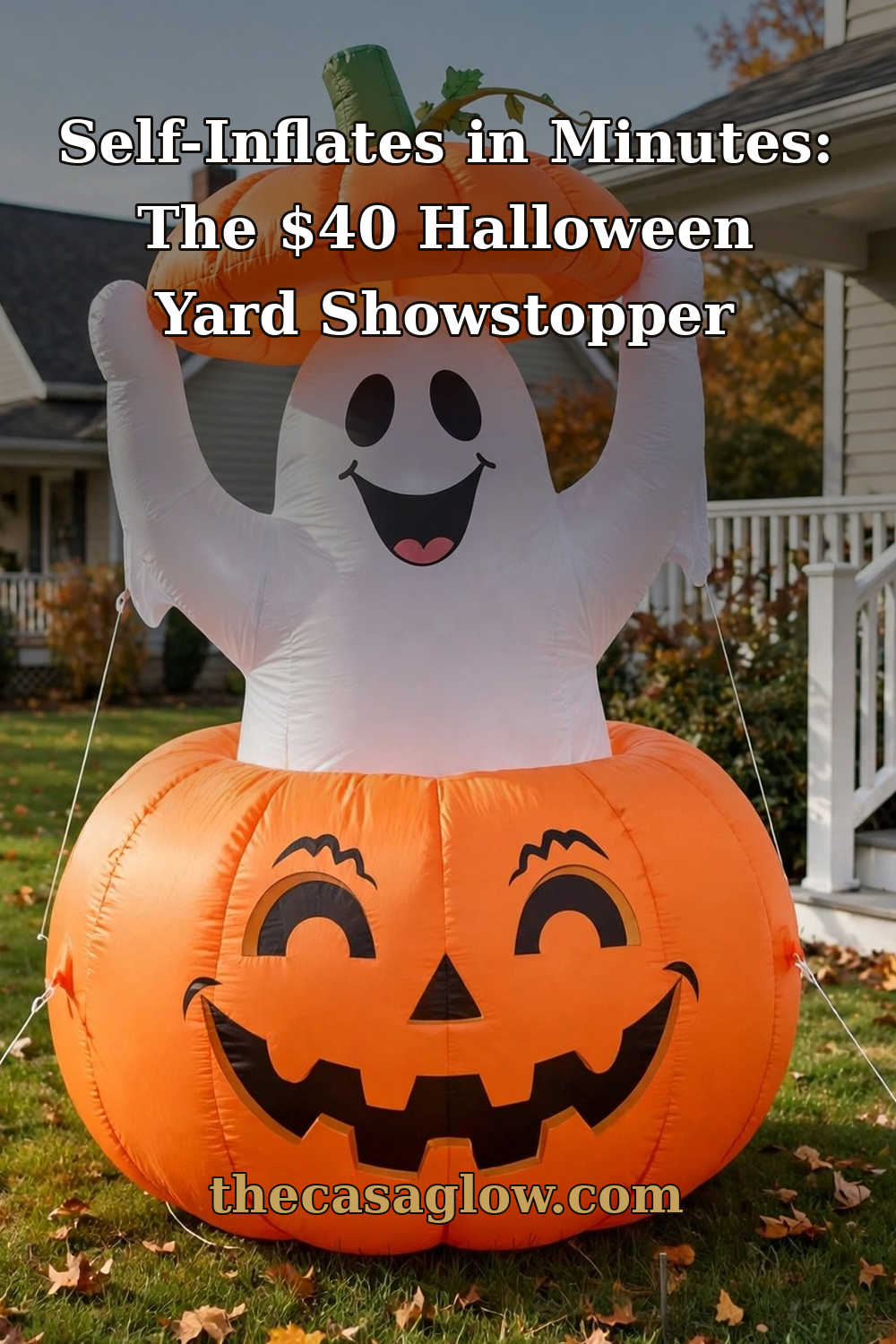 Halloween inflatable ghost pumpkin decoration lighting up a front porch
