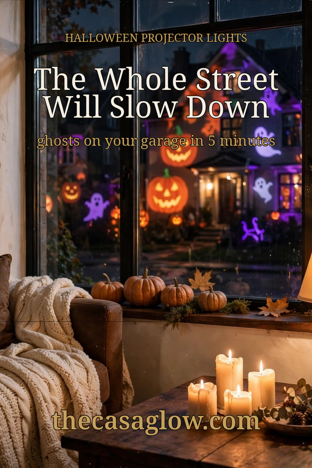 The whole street will slow down - Halloween projector lights glowing on a house at night, cozy Halloween decor ideas