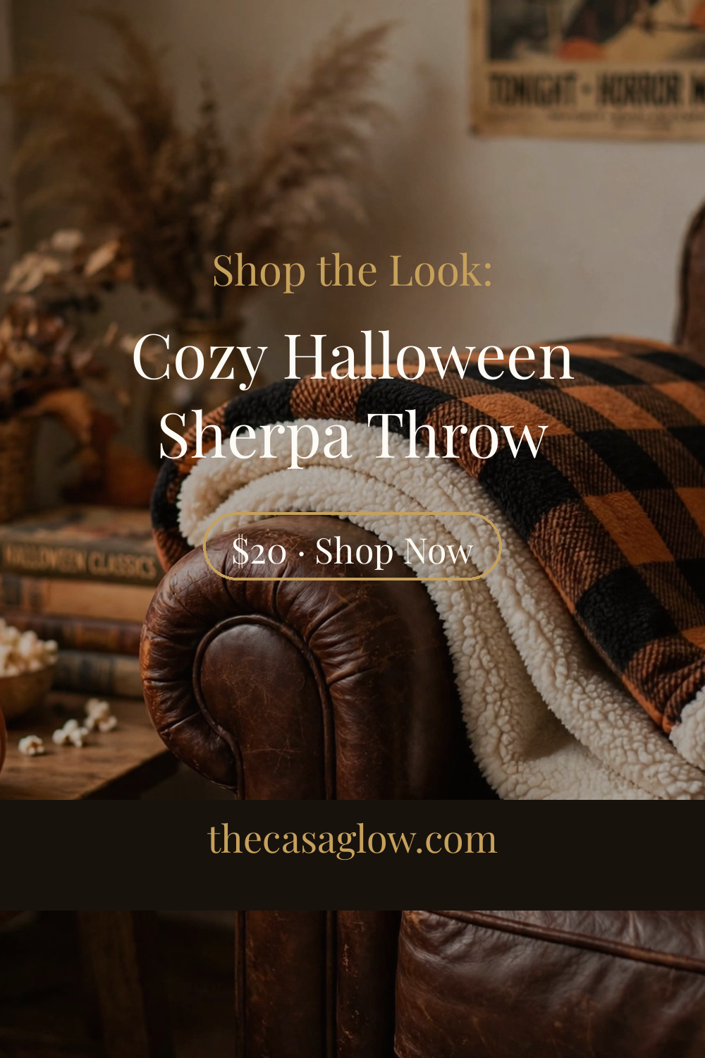 Pinterest pin: shop the look — cozy Halloween sherpa throw