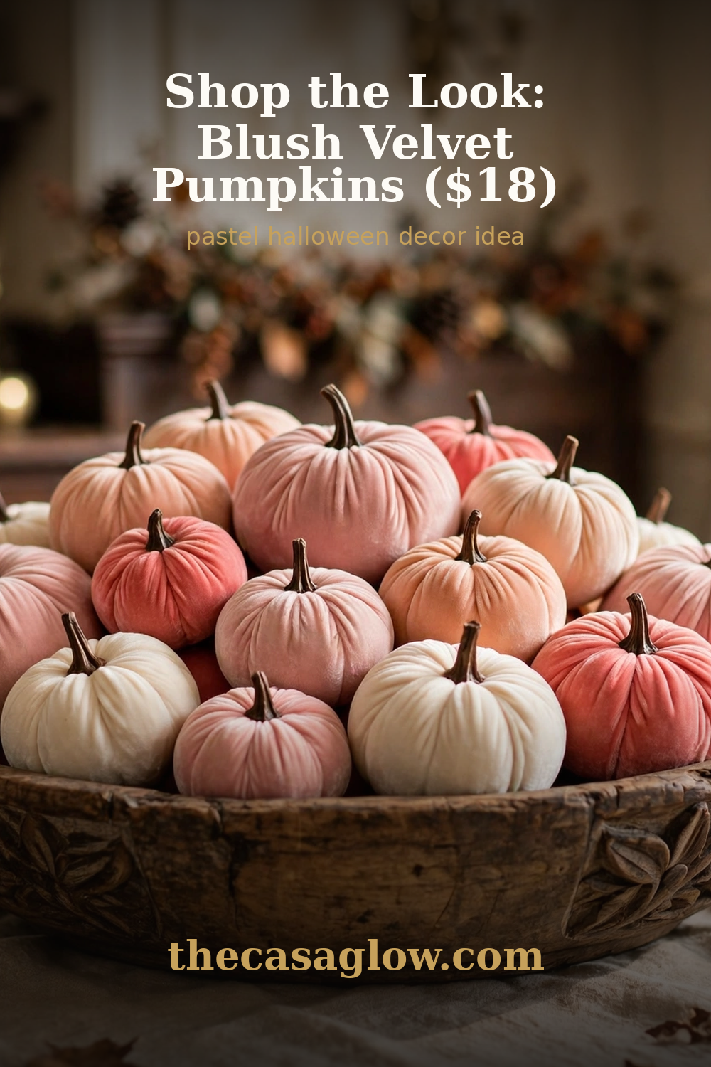 Pinterest pin: shop the look — blush velvet pumpkins, pastel Halloween decor idea