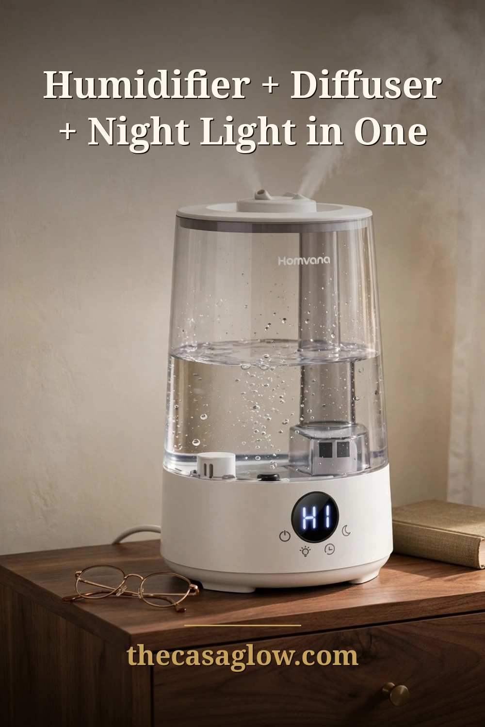 Pinterest pin: humidifier plus diffuser plus night light in one — Homvana H101