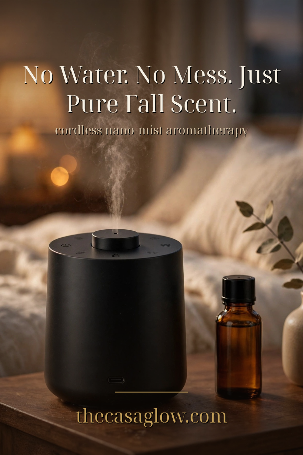 Pinterest pin: No water. No mess. Just pure fall scent — cordless nano-mist aromatherapy
