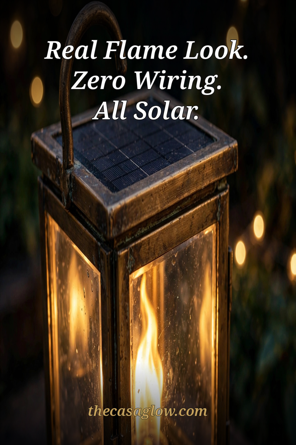 Close-up of the TomCare bronze solar lantern — solar panel cap, dancing flame glow — real flame look, zero wiring, all solar — thecasaglow.com