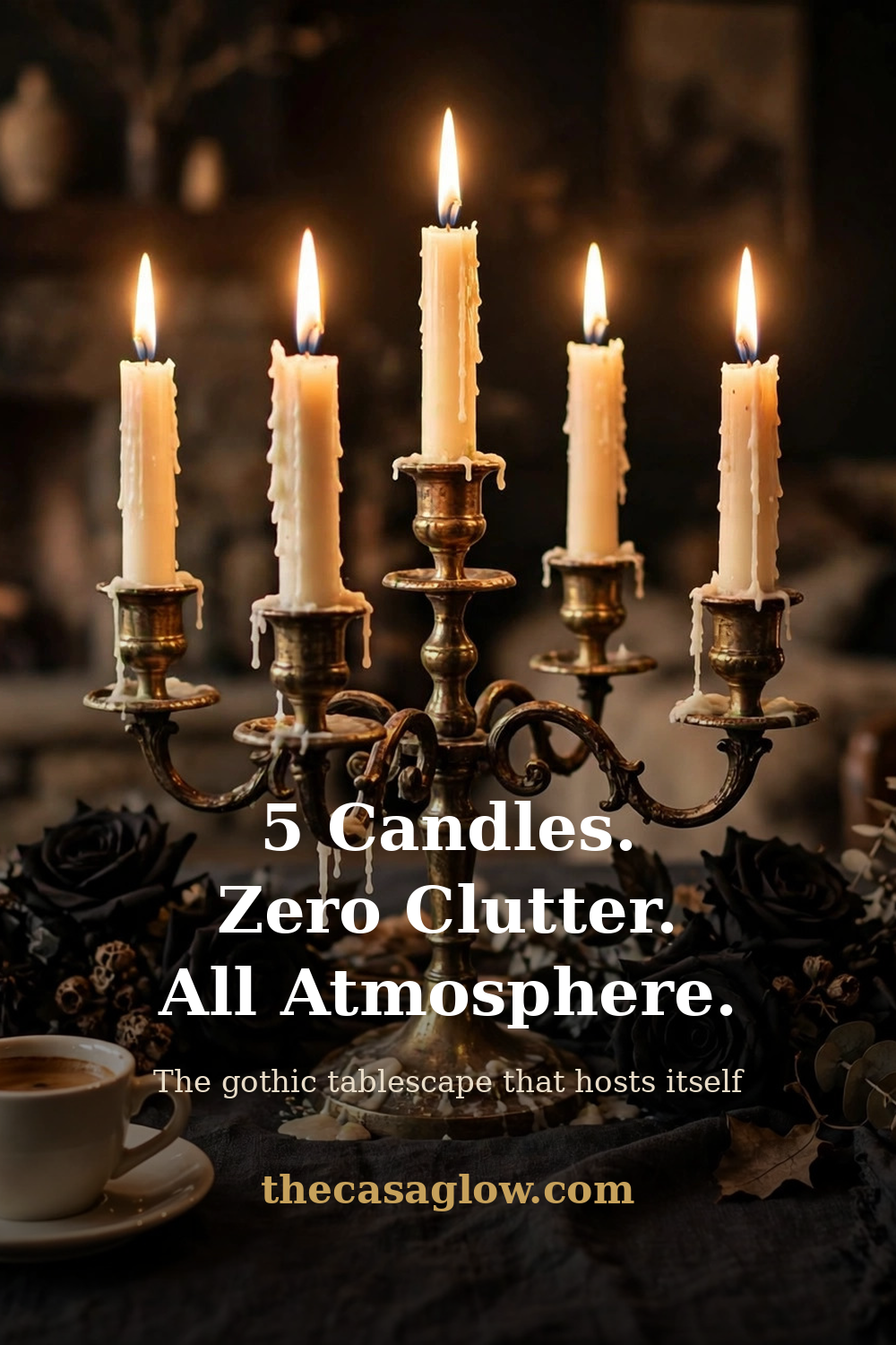 Five candles, zero clutter, all atmosphere — gothic tablescape with iron candelabra