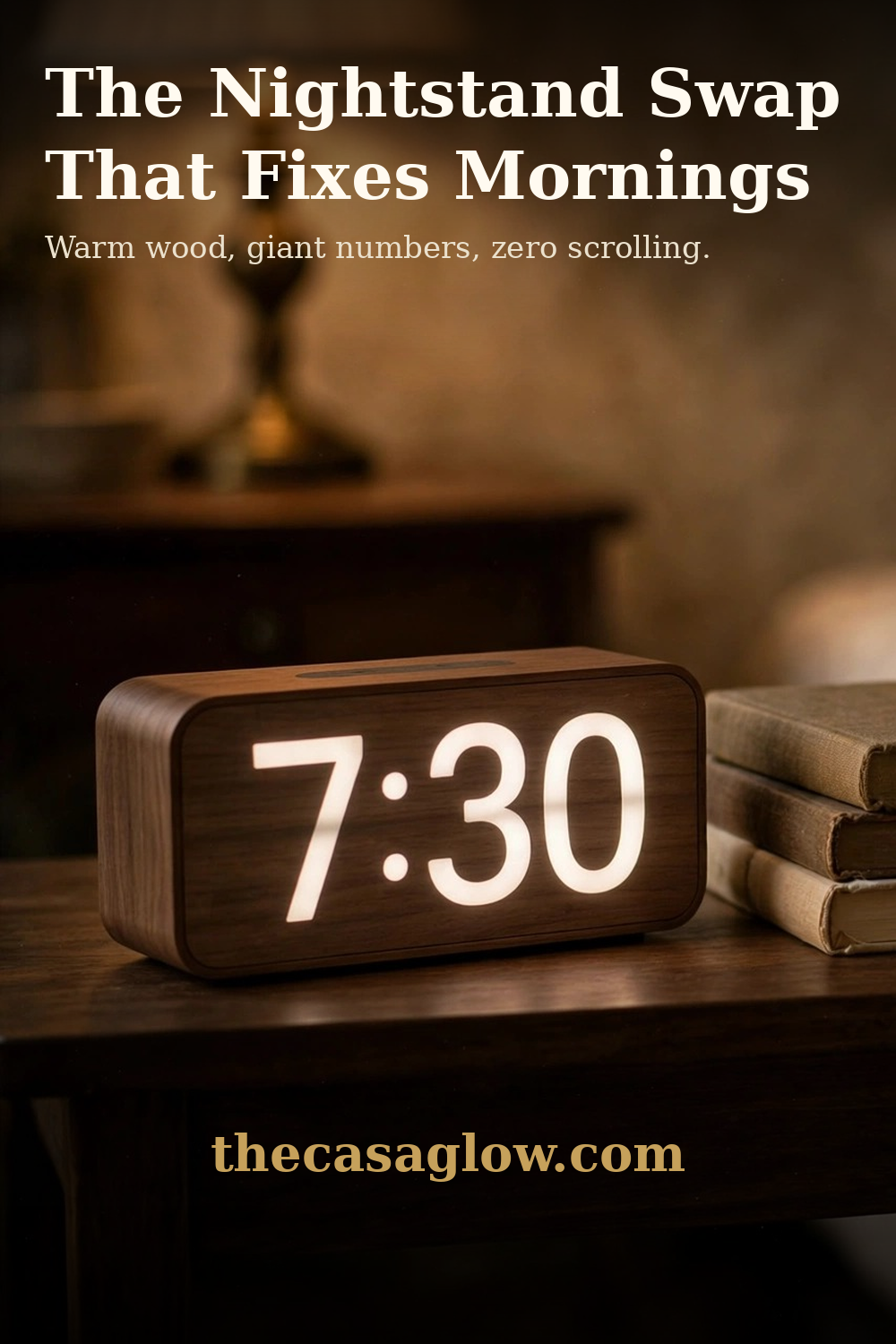 DreamSky wooden digital alarm clock styled on a nightstand with books, a candle and a knit throw