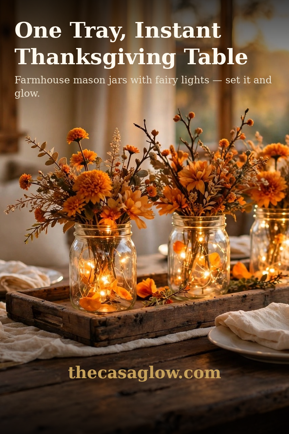 DUOER mason jar centerpiece with wood tray on a Thanksgiving table setting