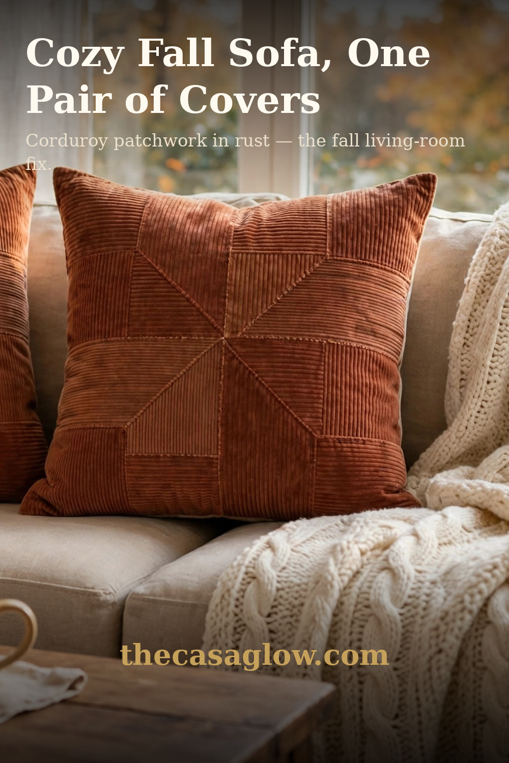 Cozy fall sofa with rust corduroy patchwork pillow covers