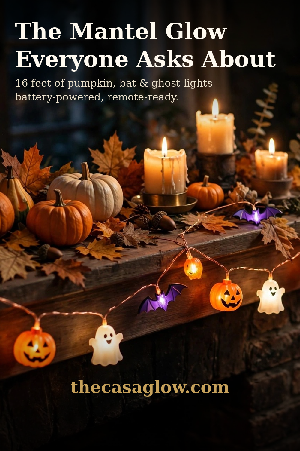 The mantel glow everyone asks about — Halloween string lights on a cozy mantel