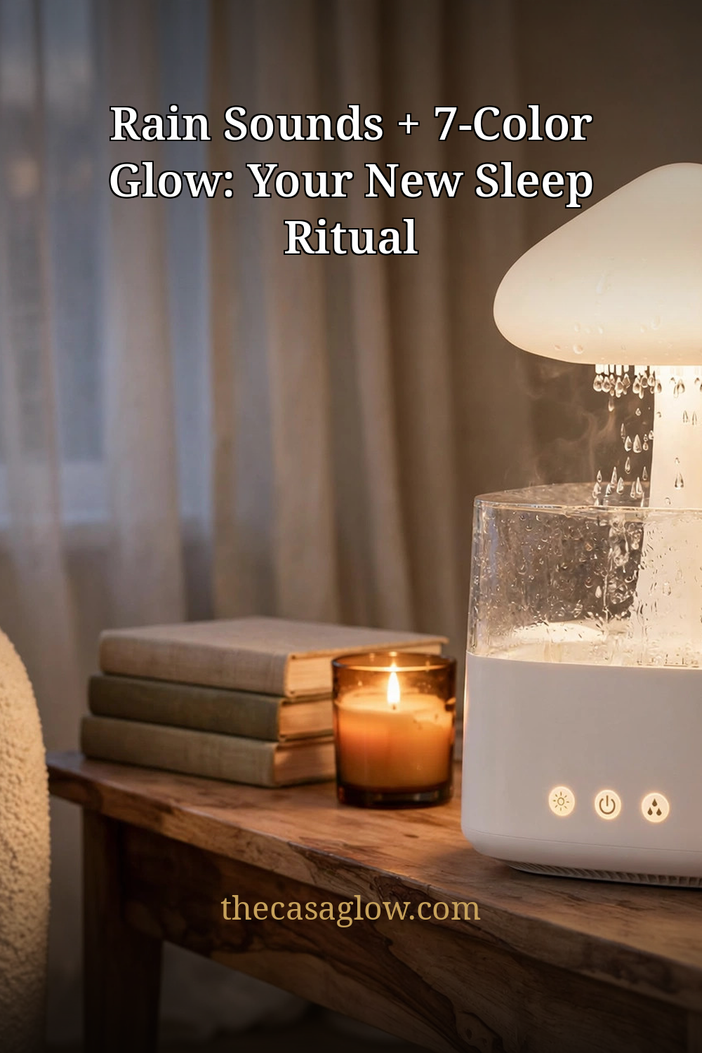 Mushroom rain cloud humidifier glowing beside books and a candle in a cozy living room — thecasaglow.com
