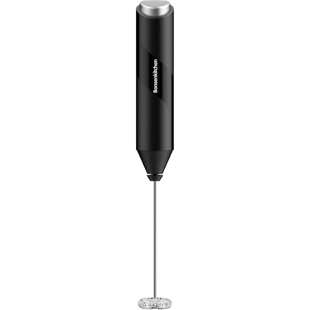bonsenkitchen black handheld milk frother with stainless steel whisk