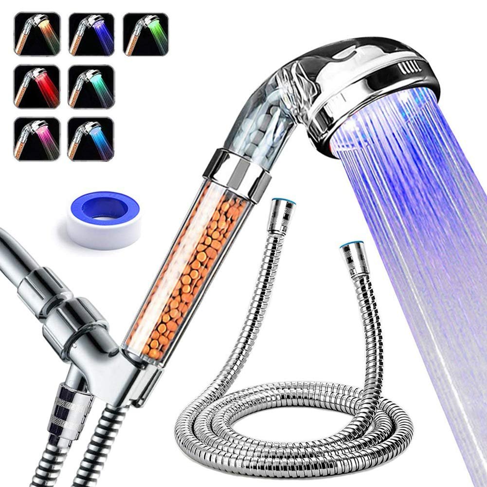 prugna led shower head with 7-color changing light and mineral bead filter handle