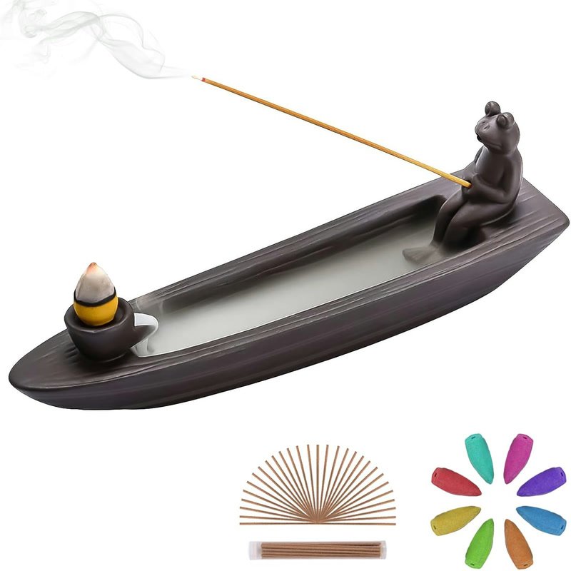 ChangWanna ceramic frog backflow incense waterfall with smoke cascading into the boat pool