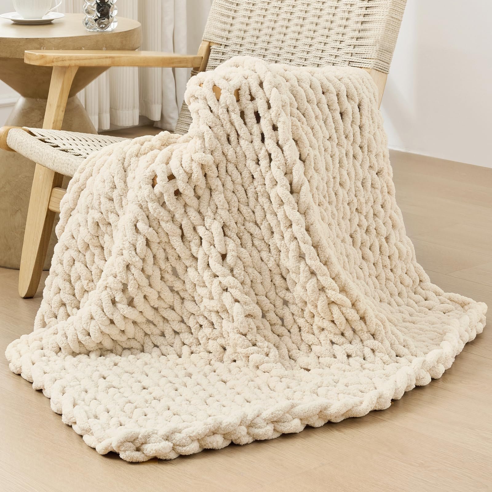 Bigacogo beige chunky knit throw blanket draped on couch
