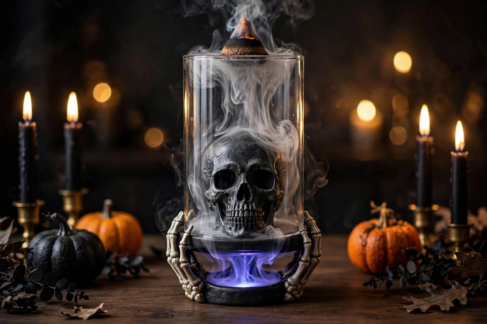 Black ceramic skull backflow incense burner with glass cylinder, skeleton hands and violet LED glow on a Halloween table