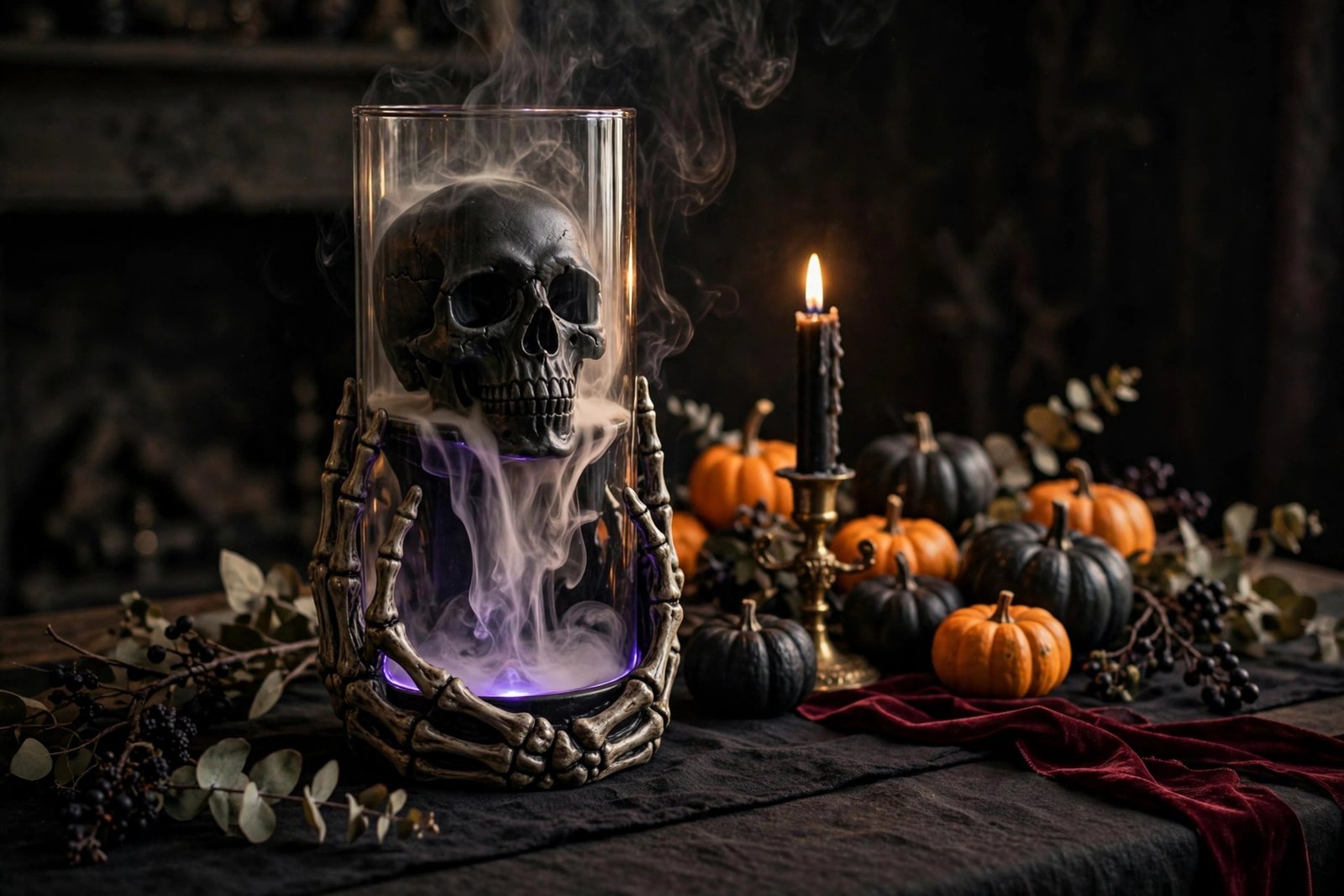 Black ceramic skull backflow incense burner styled as a gothic Halloween table centerpiece with pumpkins and black candles