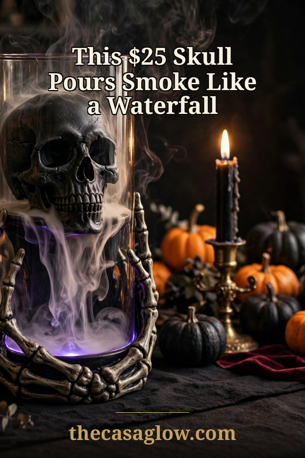 Pinterest pin: this $25 skull pours smoke like a waterfall — gothic Halloween table decor
