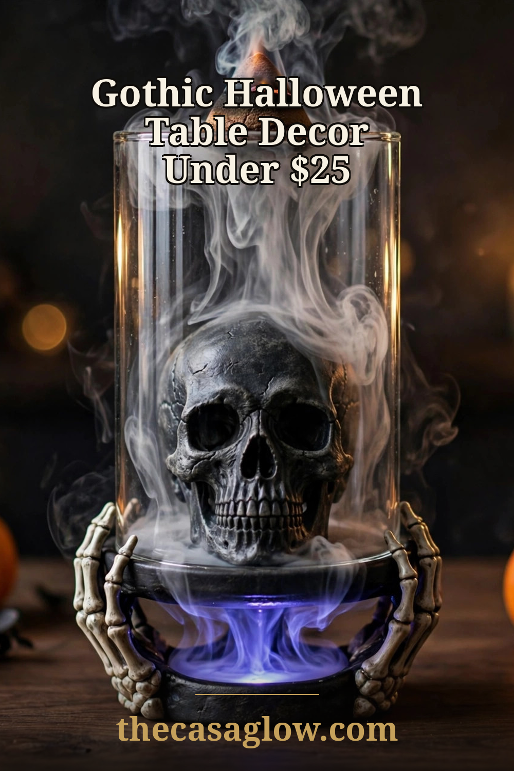 Pinterest pin: gothic Halloween table decor under $25 — skull backflow incense burner