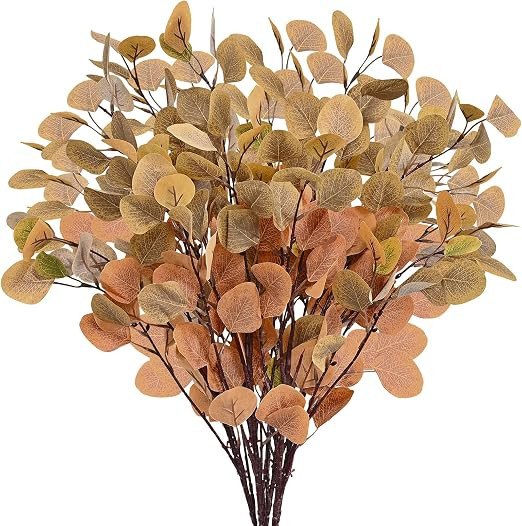 HyeFlora artificial fall eucalyptus stems in burgundy and autumn tones arranged in a vase