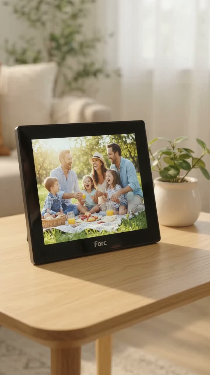 Forc FRAMEO 10.1 inch WiFi smart digital photo frame on a cozy shelf