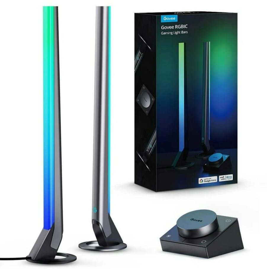 Govee RGBIC gaming light bars glowing rainbow beside a gaming desk setup