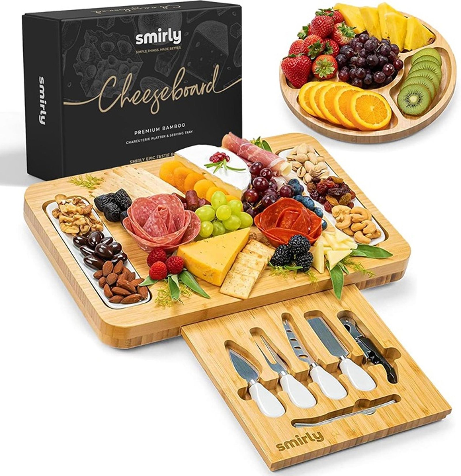 SMIRLY Charcuterie Board Gift Set, bamboo cheese board with slide-out utensil drawer, gift box