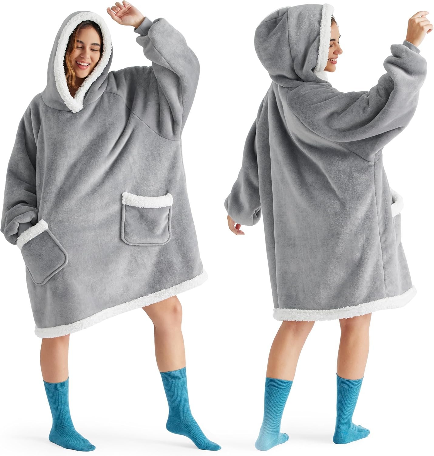 Bedsure Wearable Blanket Hoodie sherpa hooded blanket, small grey, worn in a cozy living room