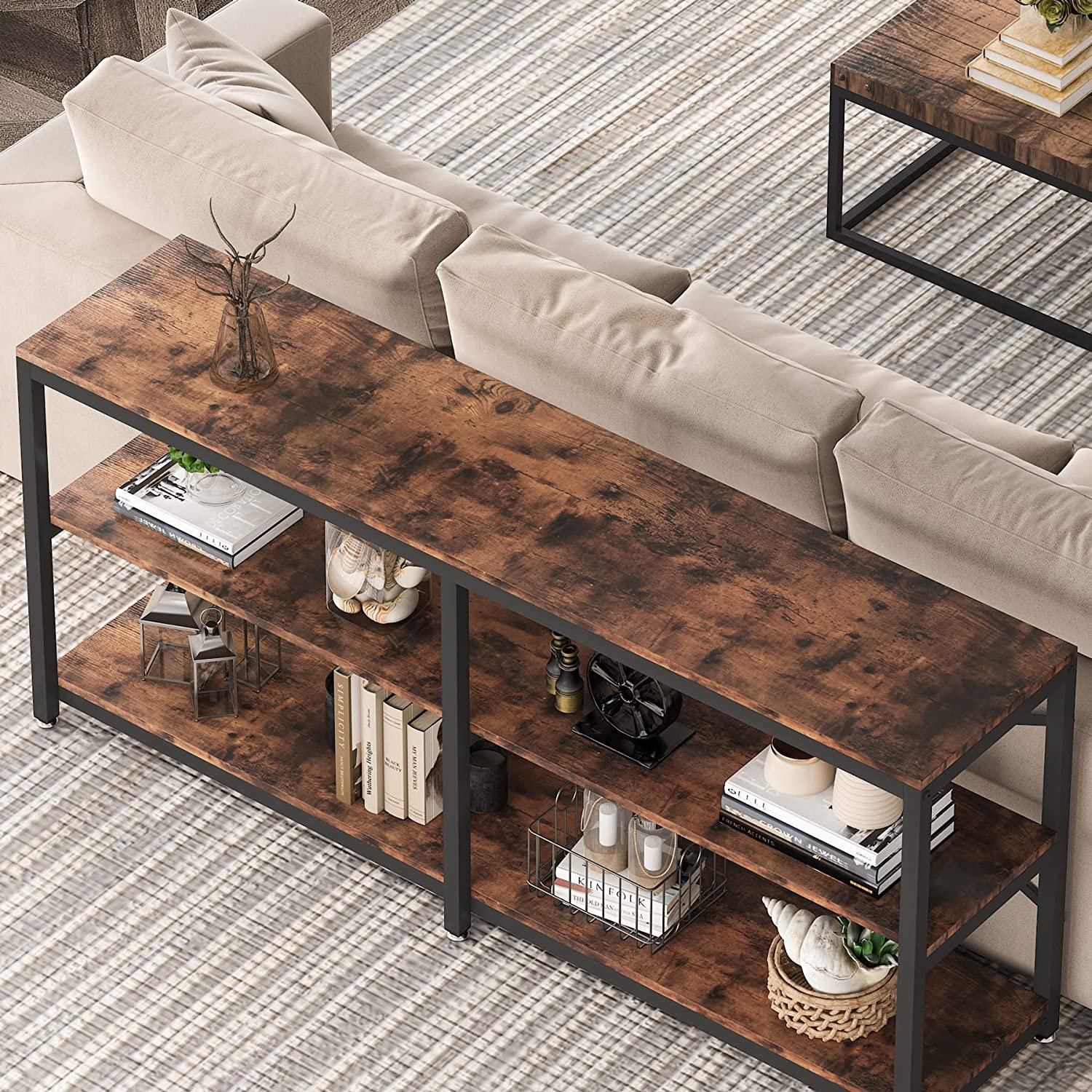 Tribesigns 71in 3-tier narrow console table in rustic brown — industrial entryway sofa table
