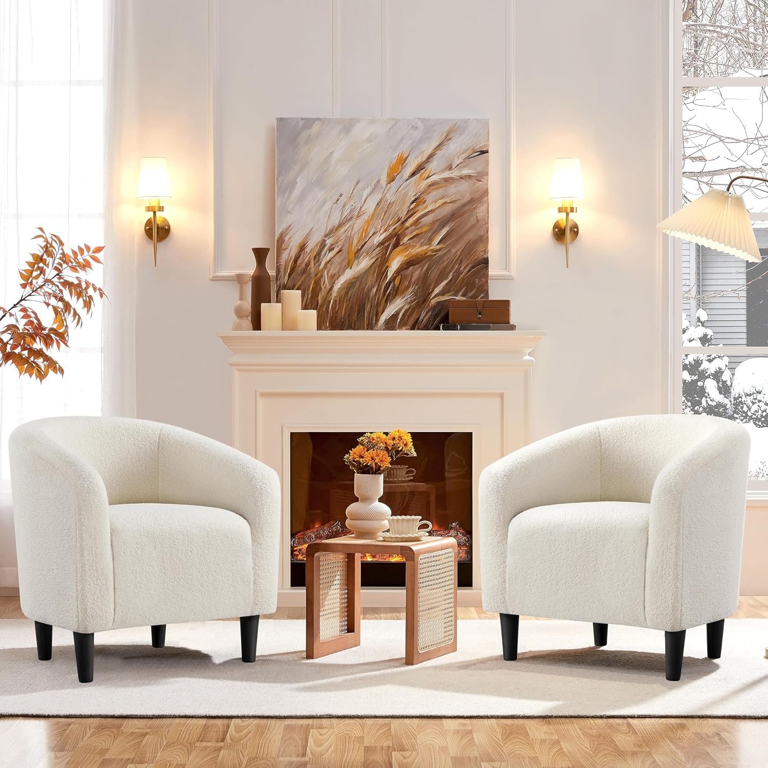 Yaheetech Boucle Barrel Accent Chairs, set of 2 ivory boucle barrel chairs in a cozy living room