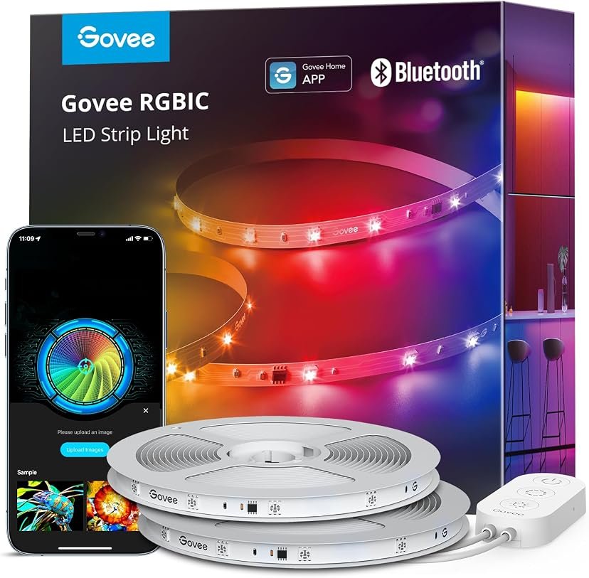 Govee RGBIC LED strip lights glowing in a cozy bedroom