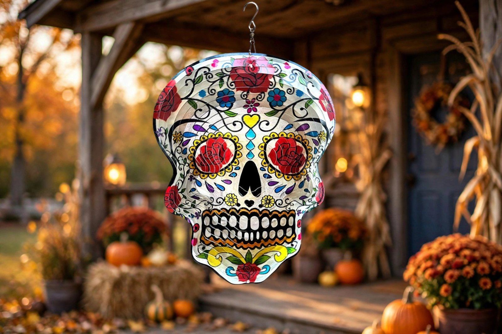 FONMY sugar skull wind spinner with colorful calavera art hanging on a Halloween porch