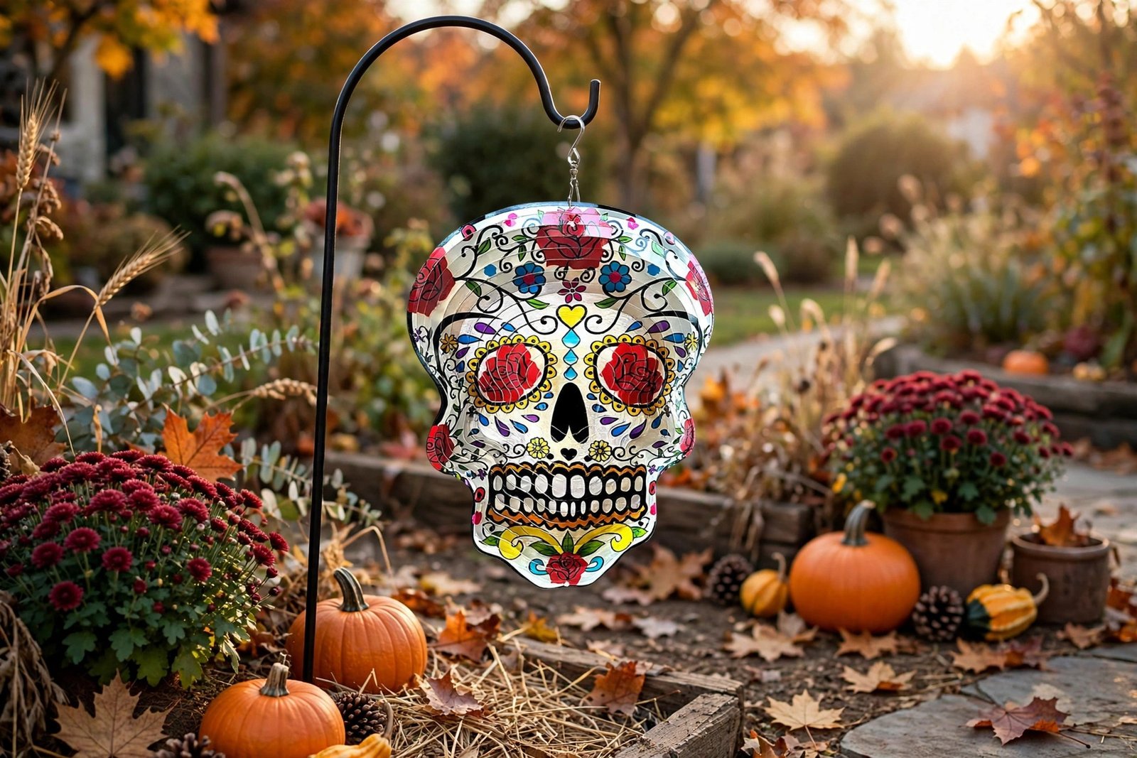 FONMY sugar skull wind spinner hanging from a shepherd's hook in a fall garden with pumpkins and burgundy mums