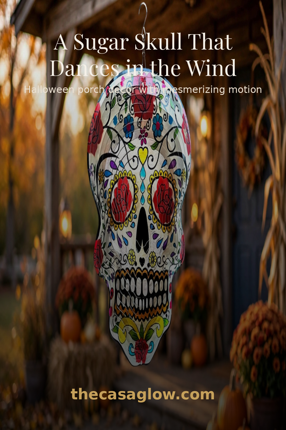 Pinterest pin: a sugar skull that dances in the wind — Halloween porch decor with mesmerizing motion