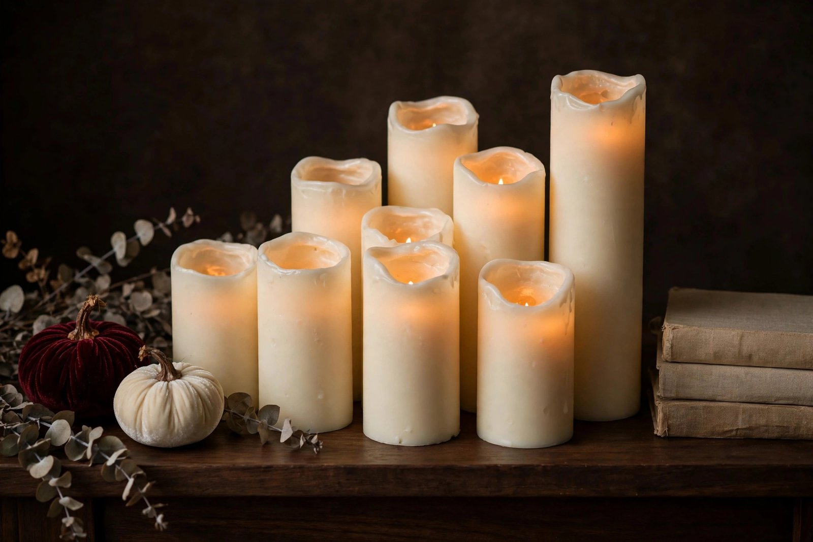 Nine ivory real-wax Vinkor flameless pillar candles in graduated heights glowing warm on a dark walnut mantel styled with burgundy and cream velvet pumpkins and eucalyptus