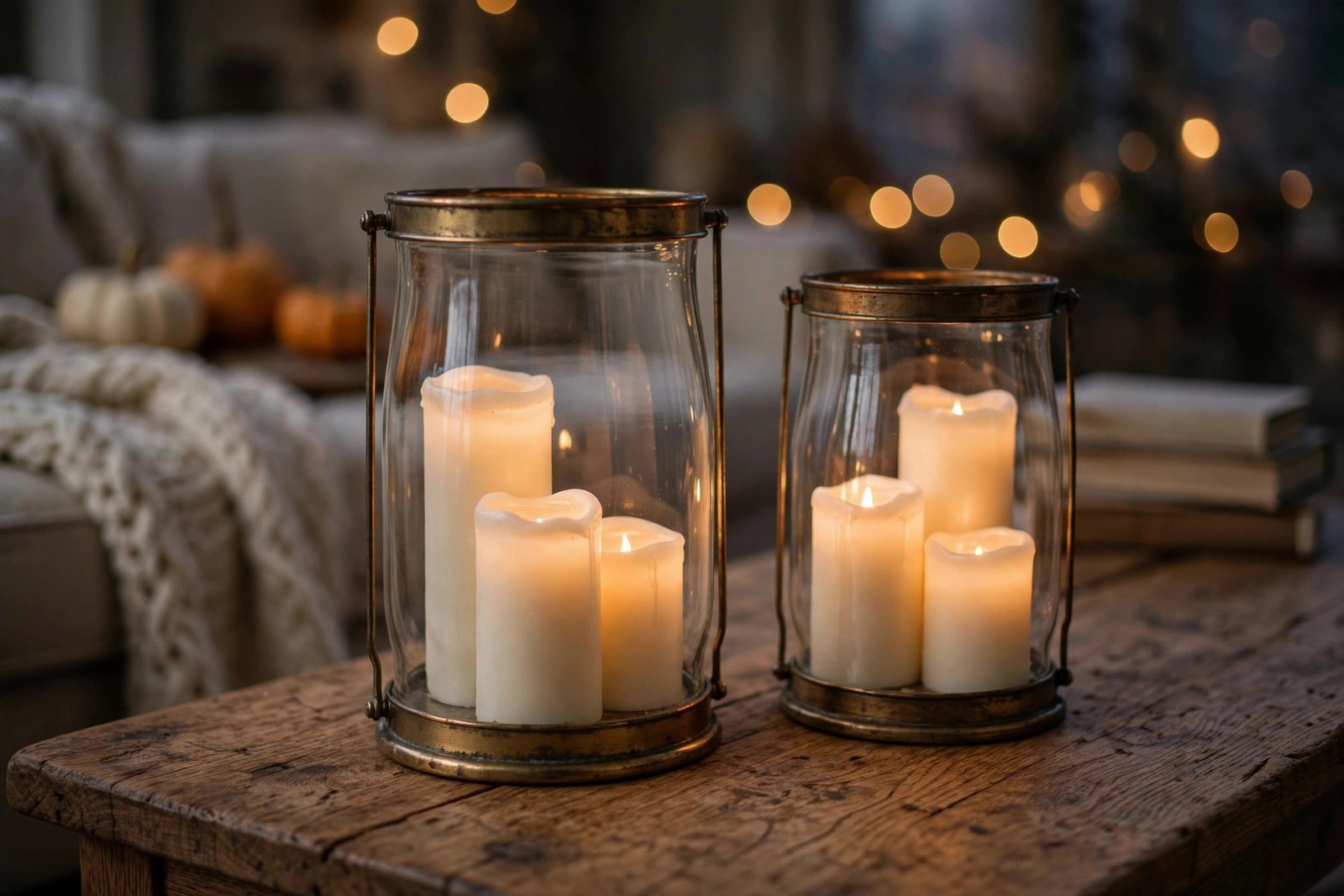 Vinkor ivory flameless pillar candles glowing inside glass hurricane lanterns on a rustic coffee table in a cozy living room