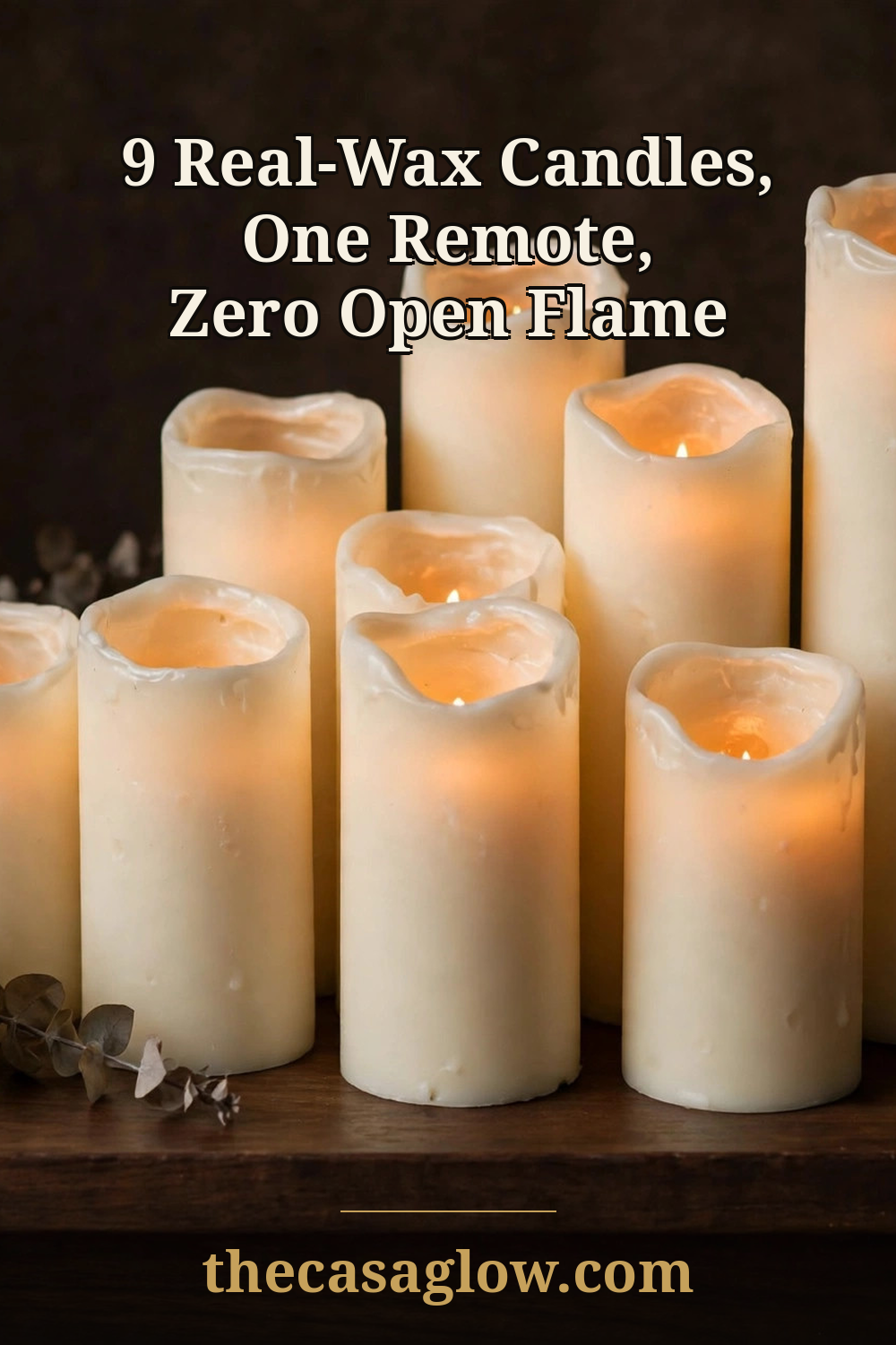Pinterest pin: 9 real-wax candles, one remote, zero open flame